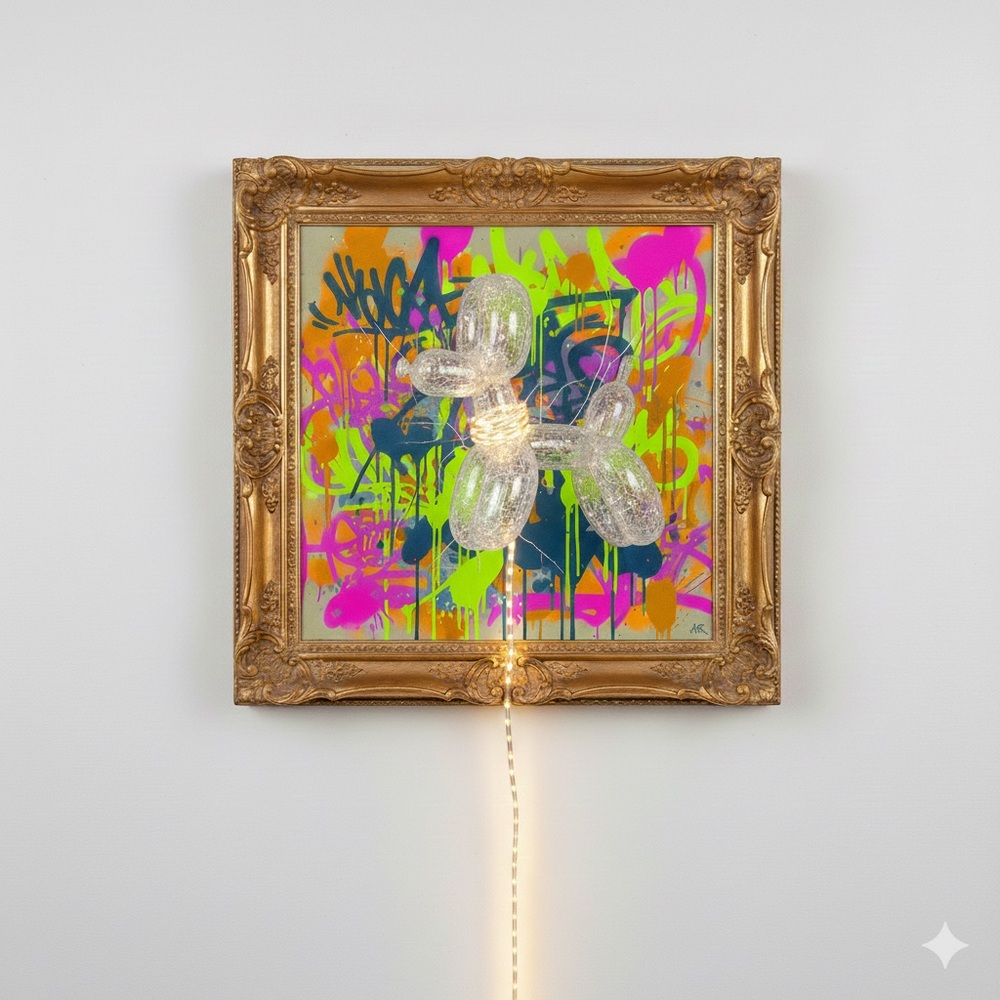 Colorful Balloon Dog Wall Art with Gold Frame